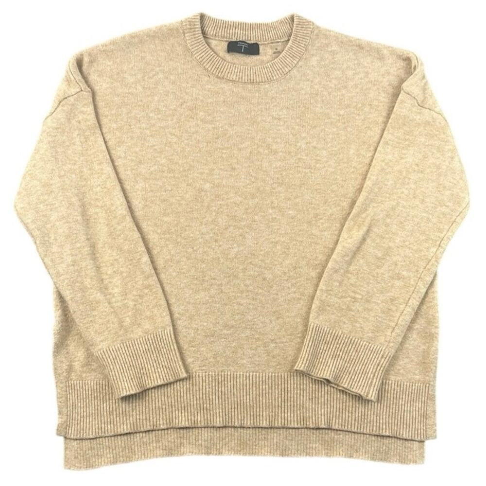 Tahari Beige Crewneck Knit Sweater Minimalist Cozy Pullover Split Sides - M